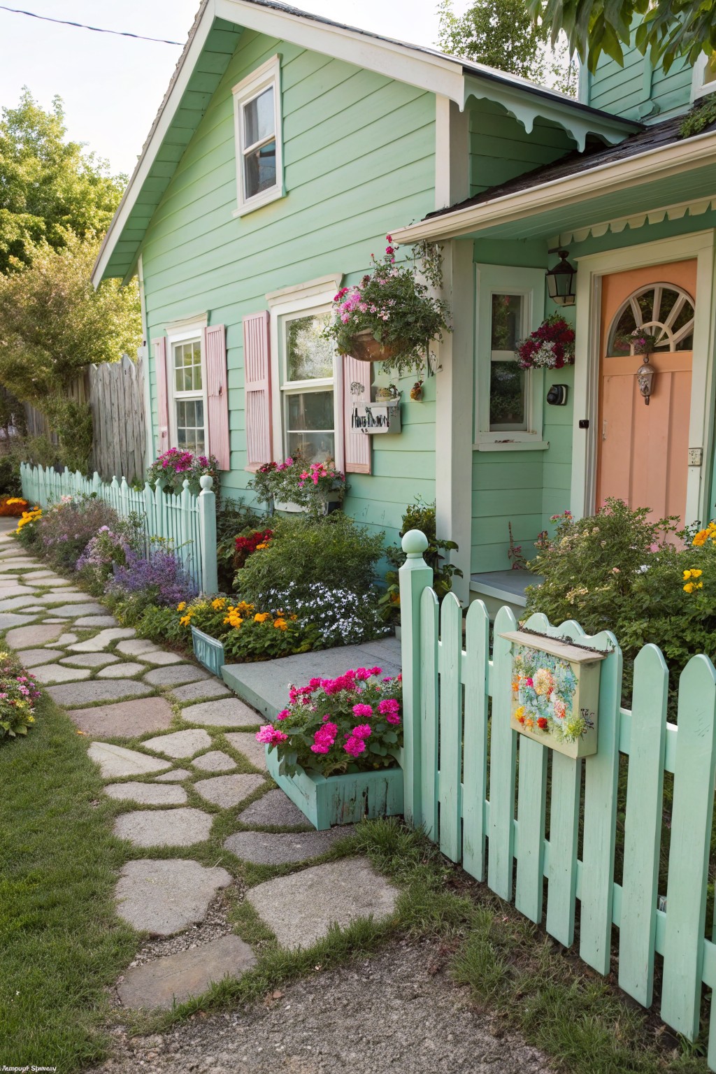 Light green cottage house with pink shutters, matching green picket fence around flower beds and garden path leading to porch with orange door and hanging plants.