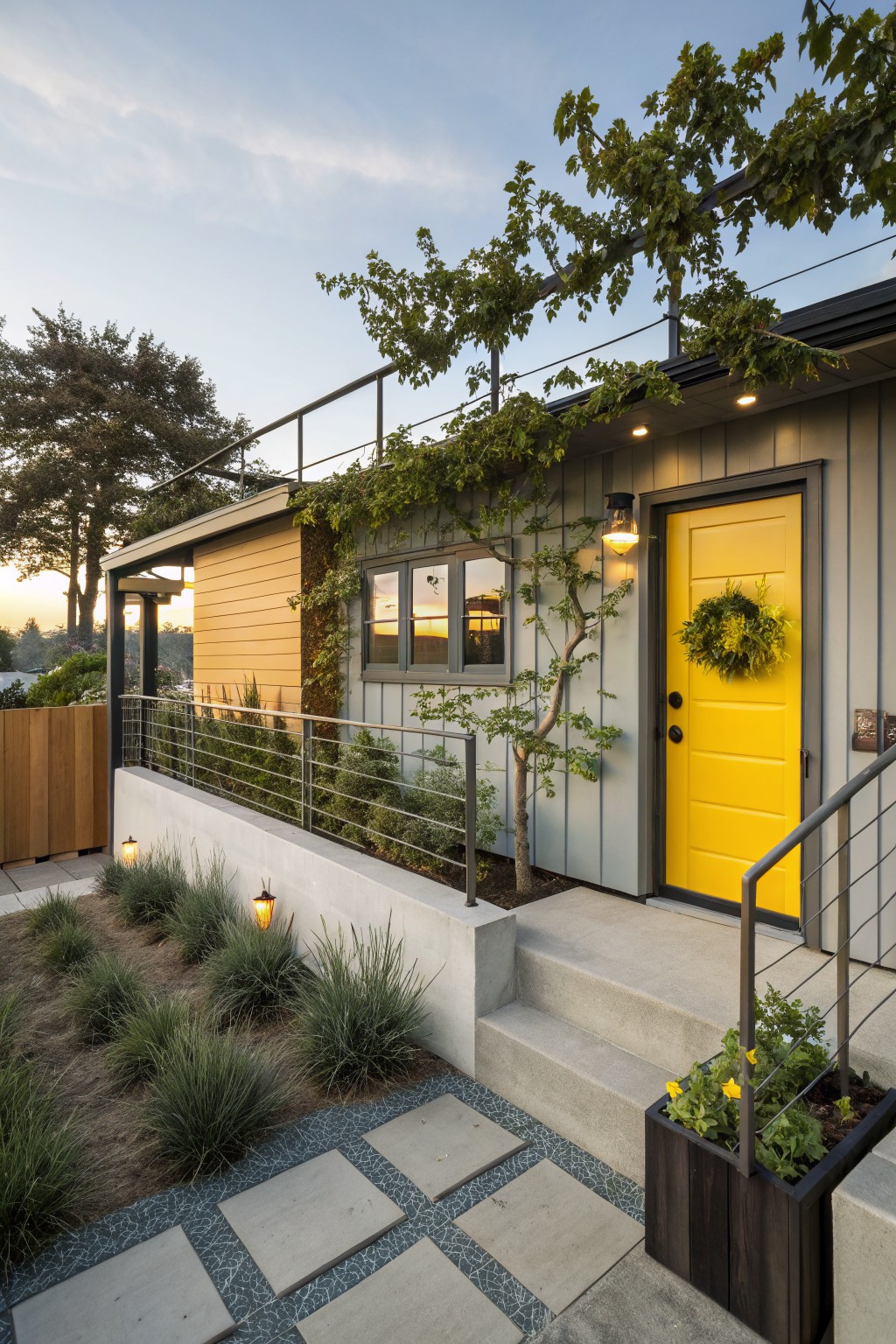 Contemporary house exterior with gray shiplap siding, bright yellow front door, low horizontal wood slat fence edging a front yard garden bed of ornamental grasses and plants, metal bar railing on concrete steps, and lantern lights.
