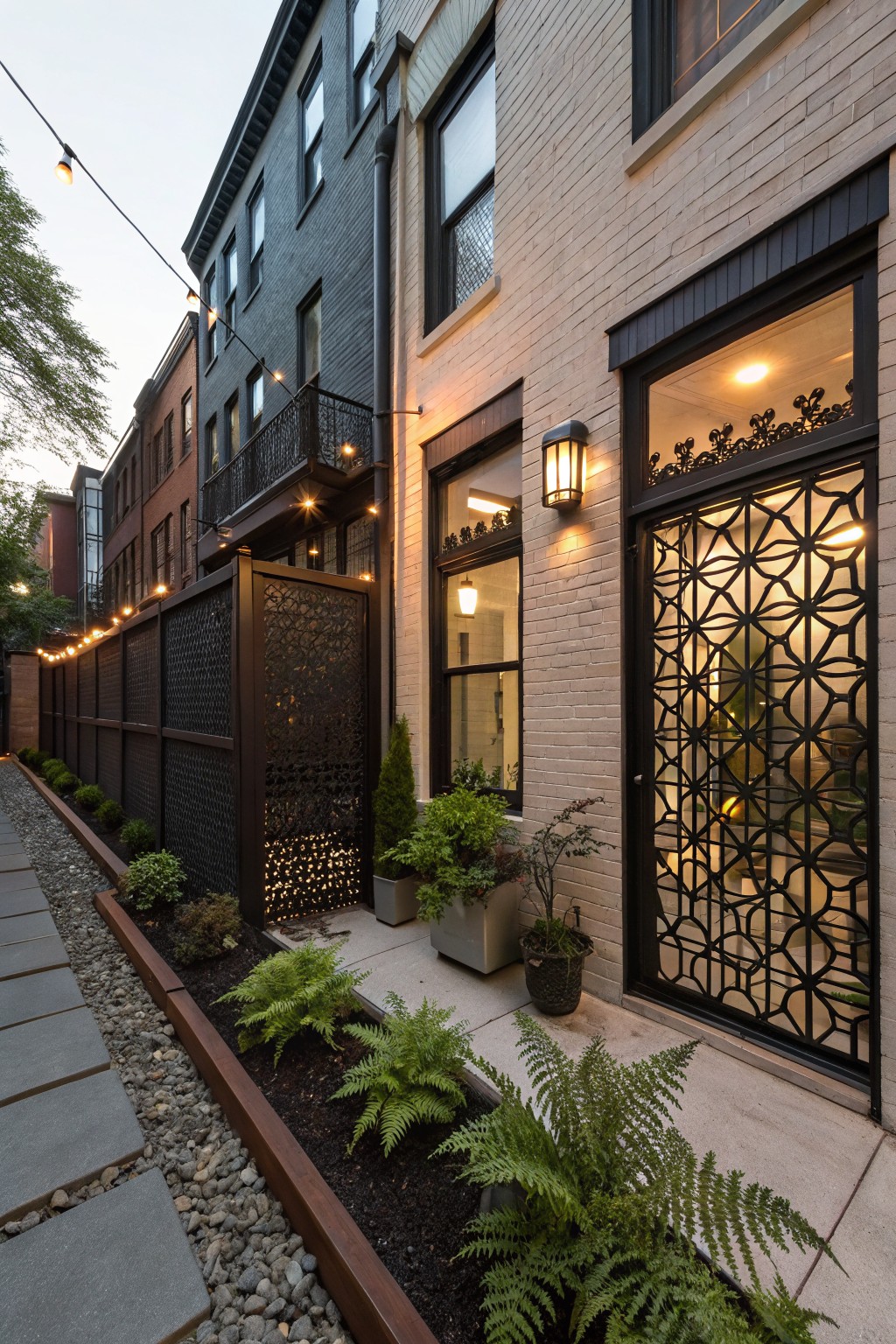 Narrow stone pathway edged with black perforated metal privacy screens and green plants, leading to an ornate black metal gate on a beige brick house facade, with string lights overhead at dusk.