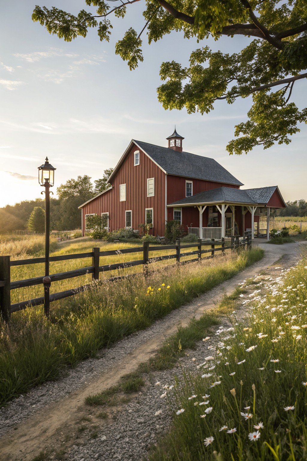 Red barn-style house with covered porch and cupola, bordered by wooden split-rail fence, gravel path through tall grasses and white daisies, and lantern post light.