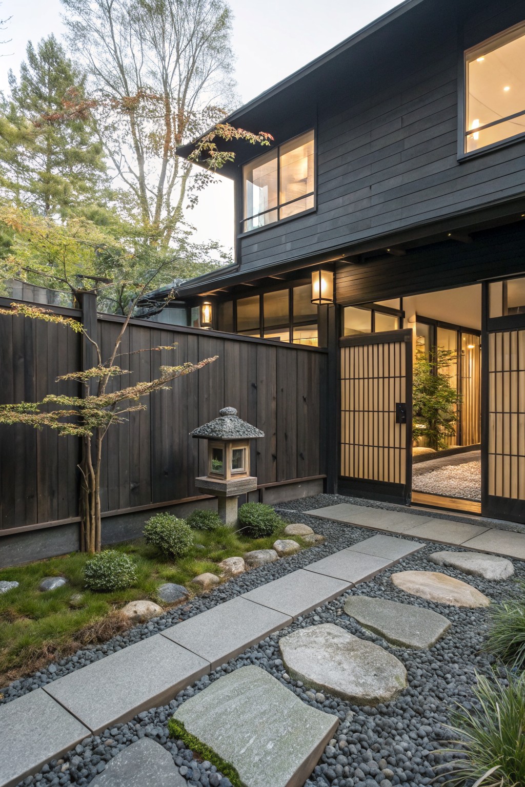 Dark wood house exterior with tall vertical slat wooden fence enclosing a front gravel garden, open wooden gate, stone lantern, stepping stone path, and small trees and shrubs.