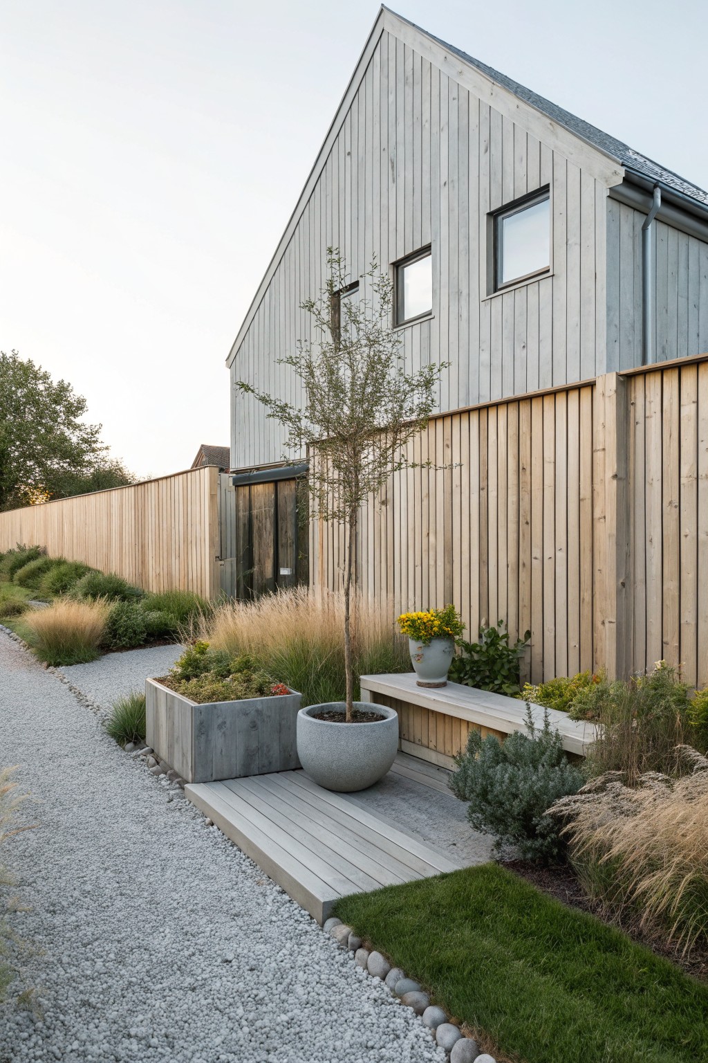 Tall vertical board wooden fence beside a gravel pathway leading to a wooden deck with bench, large concrete planters with grasses and flowers, young tree, and modern gray wood house in the background.