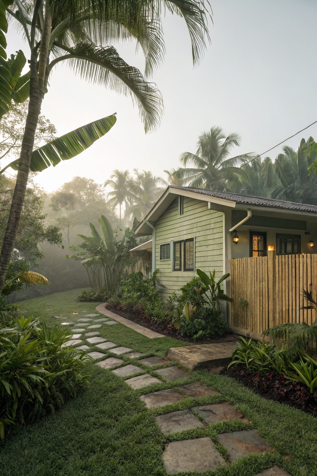 Green painted bungalow house with shingled roof, surrounded by tropical palms and plants, stone paver path through grassy yard, and tall wooden slat fence along the side in misty morning light.
