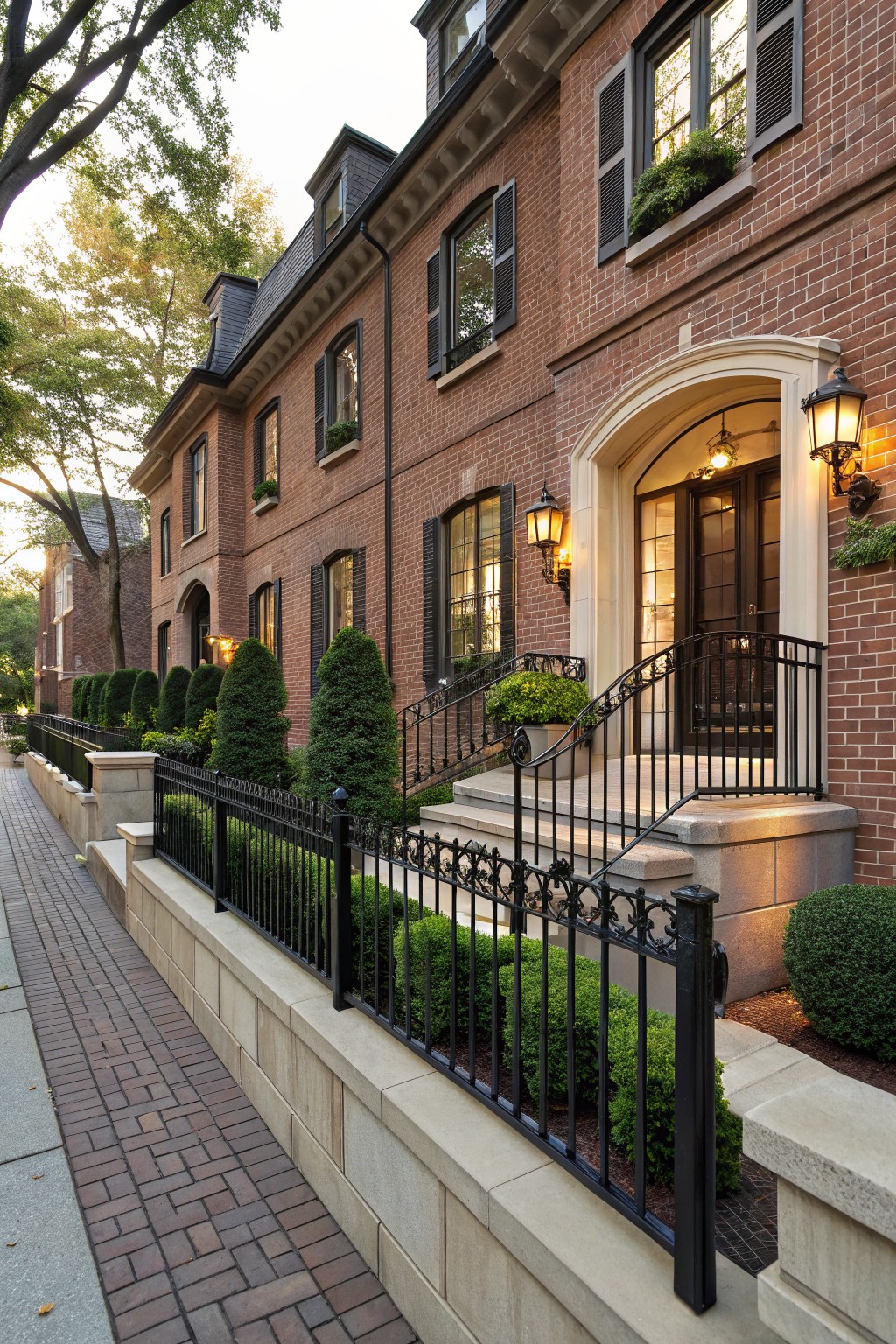 Brick townhouses with black wrought iron fence along brick sidewalk enclosing boxwood hedges, arched entry with steps and iron railing, lanterns, and window boxes.