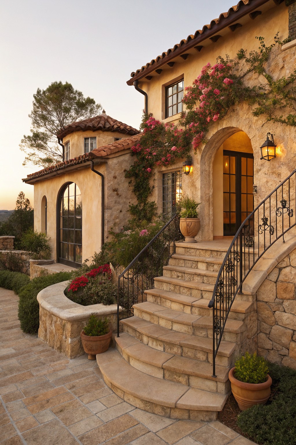 Curved stone steps with black wrought iron railings lead to an arched entry door on a beige stucco house, with pink climbing flowers on the walls, lanterns, and potted plants nearby.
