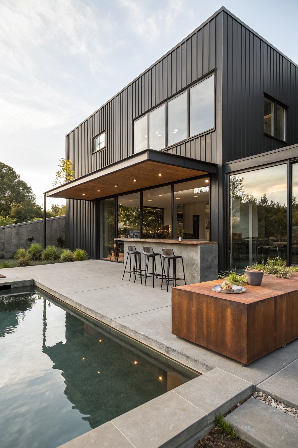 Rear exterior of a two-story modern house clad in black metal panels, featuring a cantilevered roof over a concrete patio with a wooden bar counter, four stools, and a rectangular pool edged in concrete.