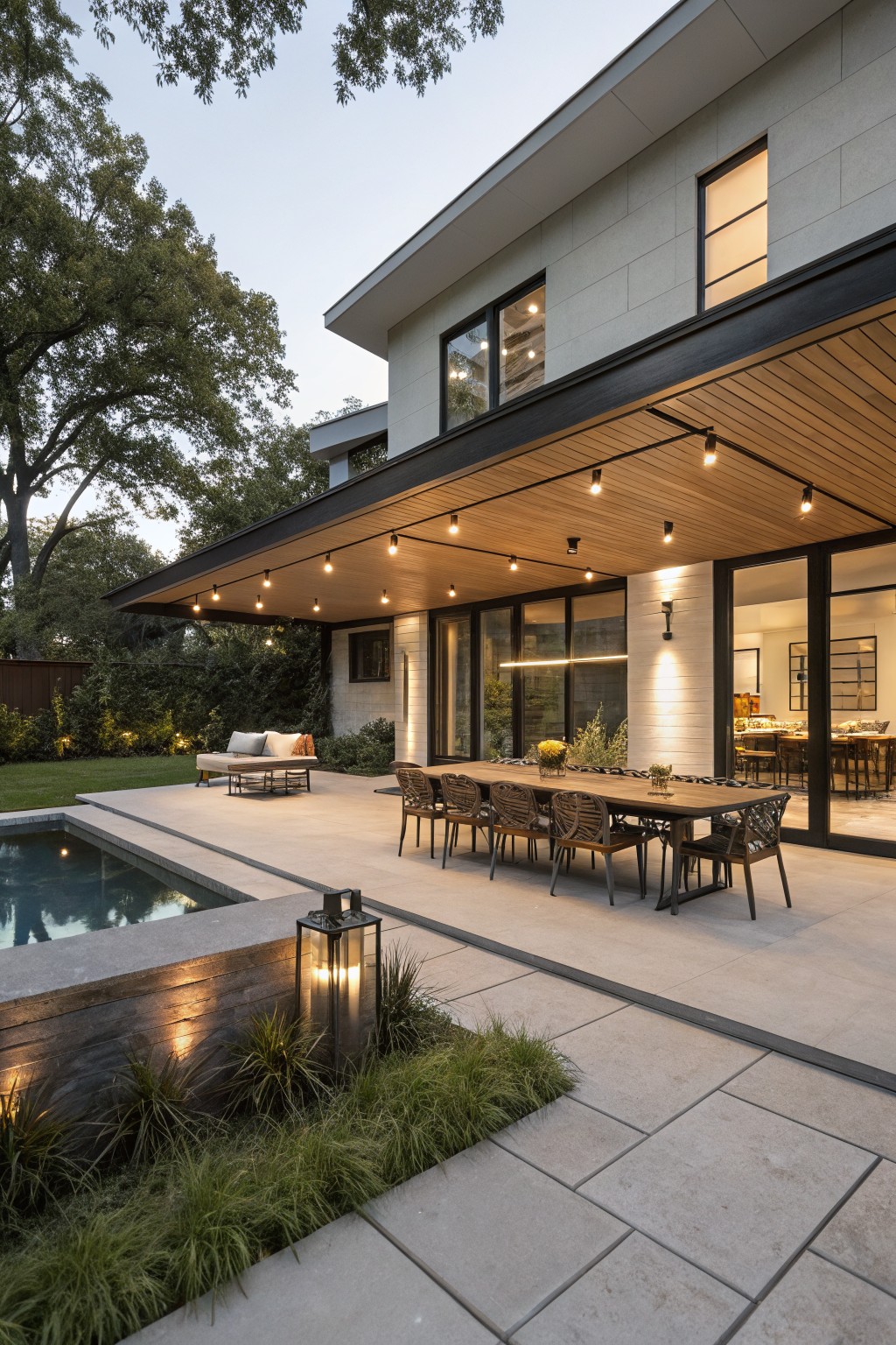 Modern house exterior showing covered backyard patio with wooden ceiling, recessed and pendant lights, long dining table with chairs, adjacent rectangular swimming pool, stone pavers, and grasses at dusk.