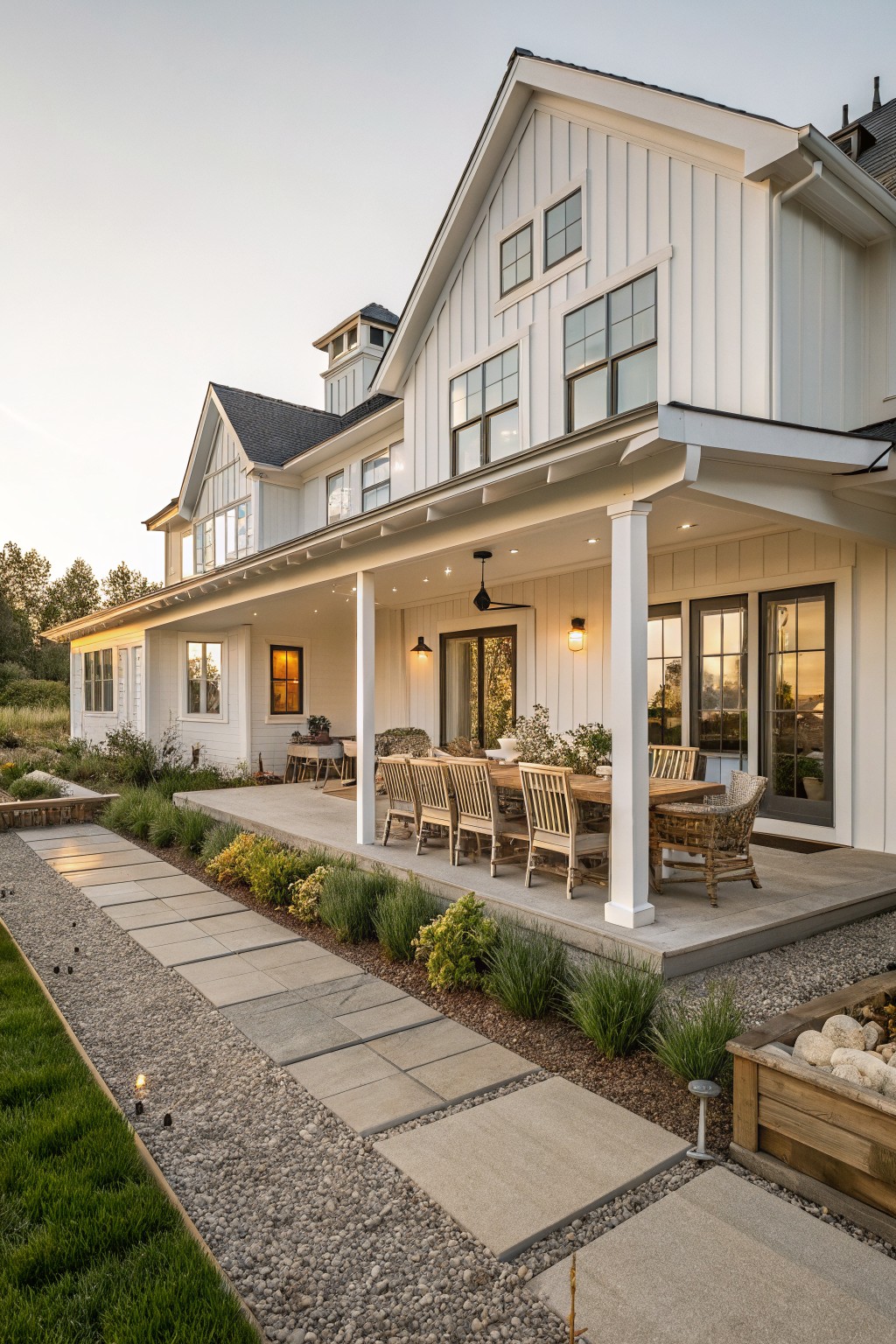 White board-and-batten house with gabled roof and covered porch holding wooden dining table and chairs, stone paver pathway edged in gravel leading from lawn to porch, flanked by plant beds and raised garden box with pumpkins.
