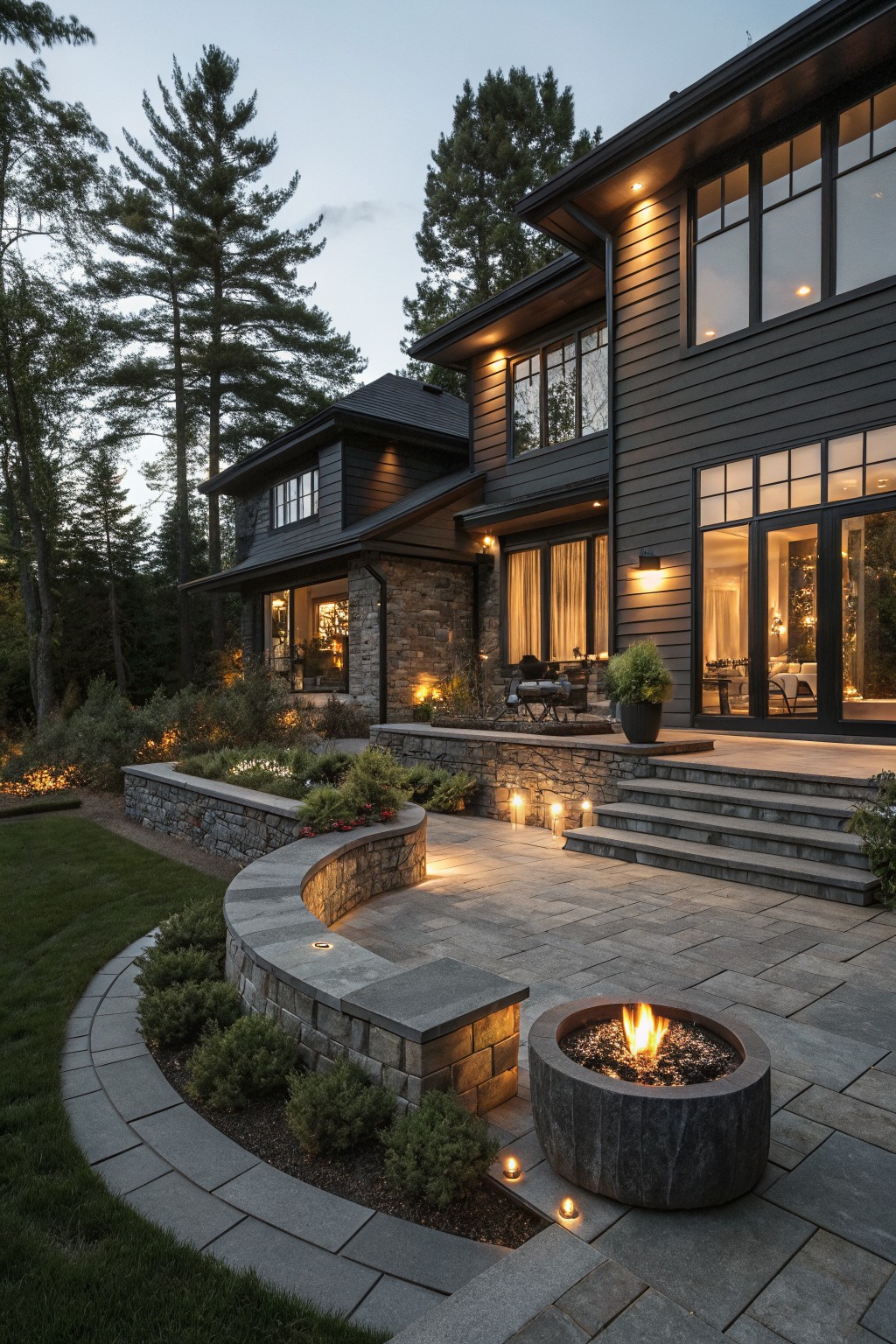 Modern two-story house with dark siding and large windows overlooking a backyard patio featuring a curved stone wall with built-in seating, stone steps, paver terrace, central fire pit, and landscaped borders at dusk.