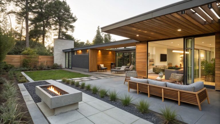18 Stylish Modern Backyard Patio Ideas For A Polished Outdoor Look Modern house with dark wood and metal overhanging roof above a gray stone-paved elevated patio, lounge chairs, low table, fire pit, and landscaping with grasses and stepping stones leading to lawn.