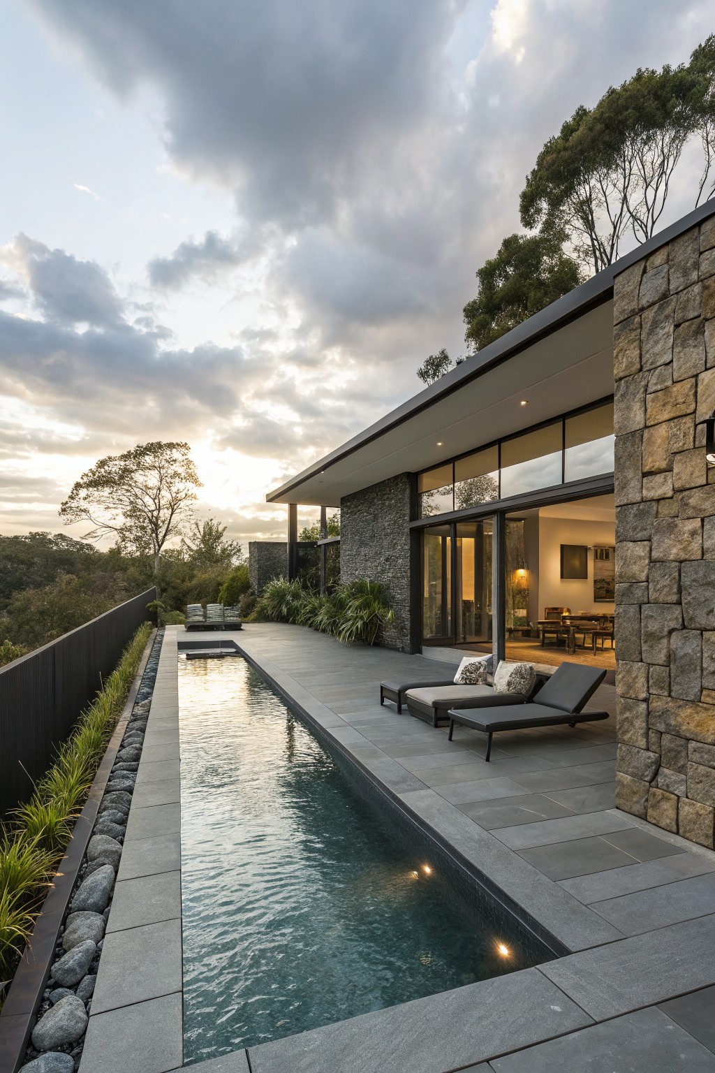 Modern backyard deck with narrow linear pool edged by plants and rocks, two lounge chairs, gray stone paving, black metal fence, stone house wall with large glass doors, trees and valley view at sunset.
