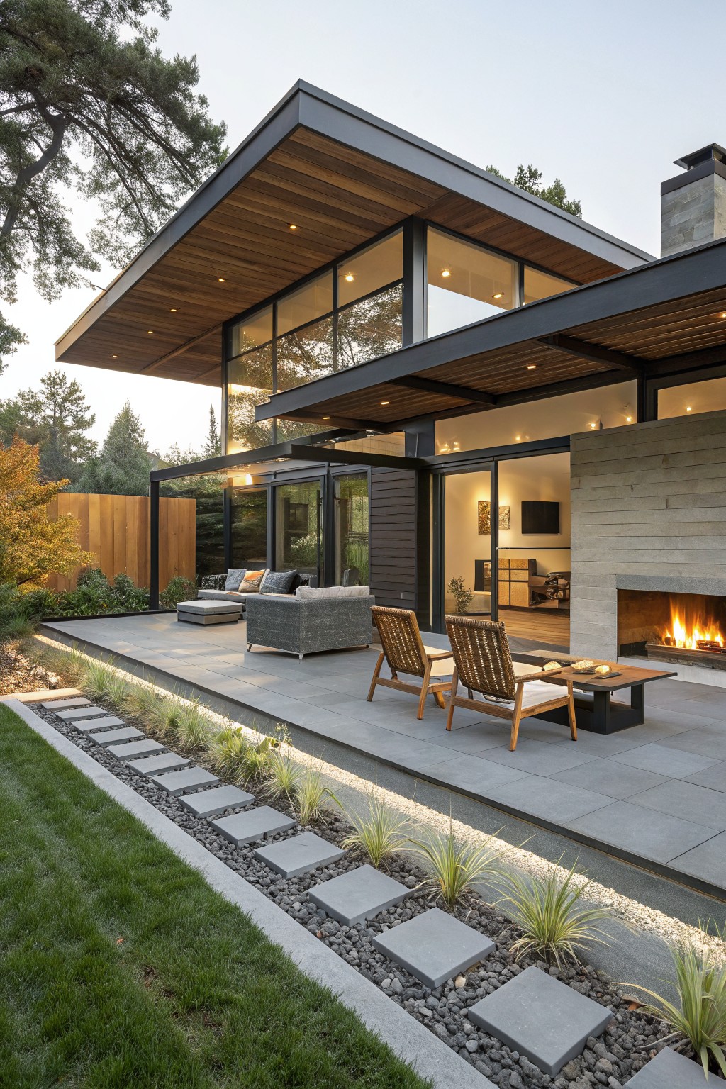 Modern house with dark wood and metal overhanging roof above a gray stone-paved elevated patio, lounge chairs, low table, fire pit, and landscaping with grasses and stepping stones leading to lawn.