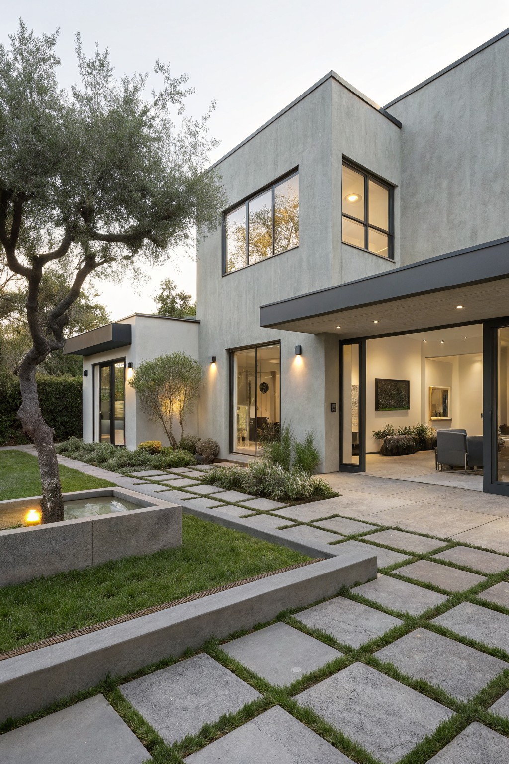 Gray stucco modern house with black-framed windows and large sliding glass doors opening to a backyard patio of gridded large pavers with grass strips between them, a rectangular water basin with fire element, olive tree, and low shrubs.