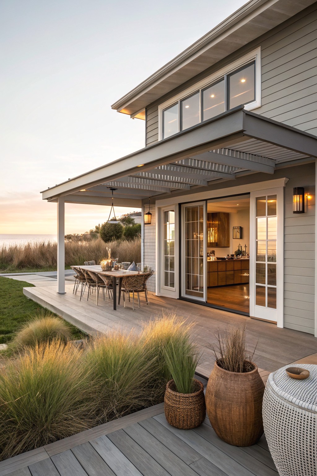 Gray shingle house with large sliding glass doors opening onto a wooden deck under a slatted pergola, surrounded by tall grasses and large woven pots, overlooking ocean at sunset.
