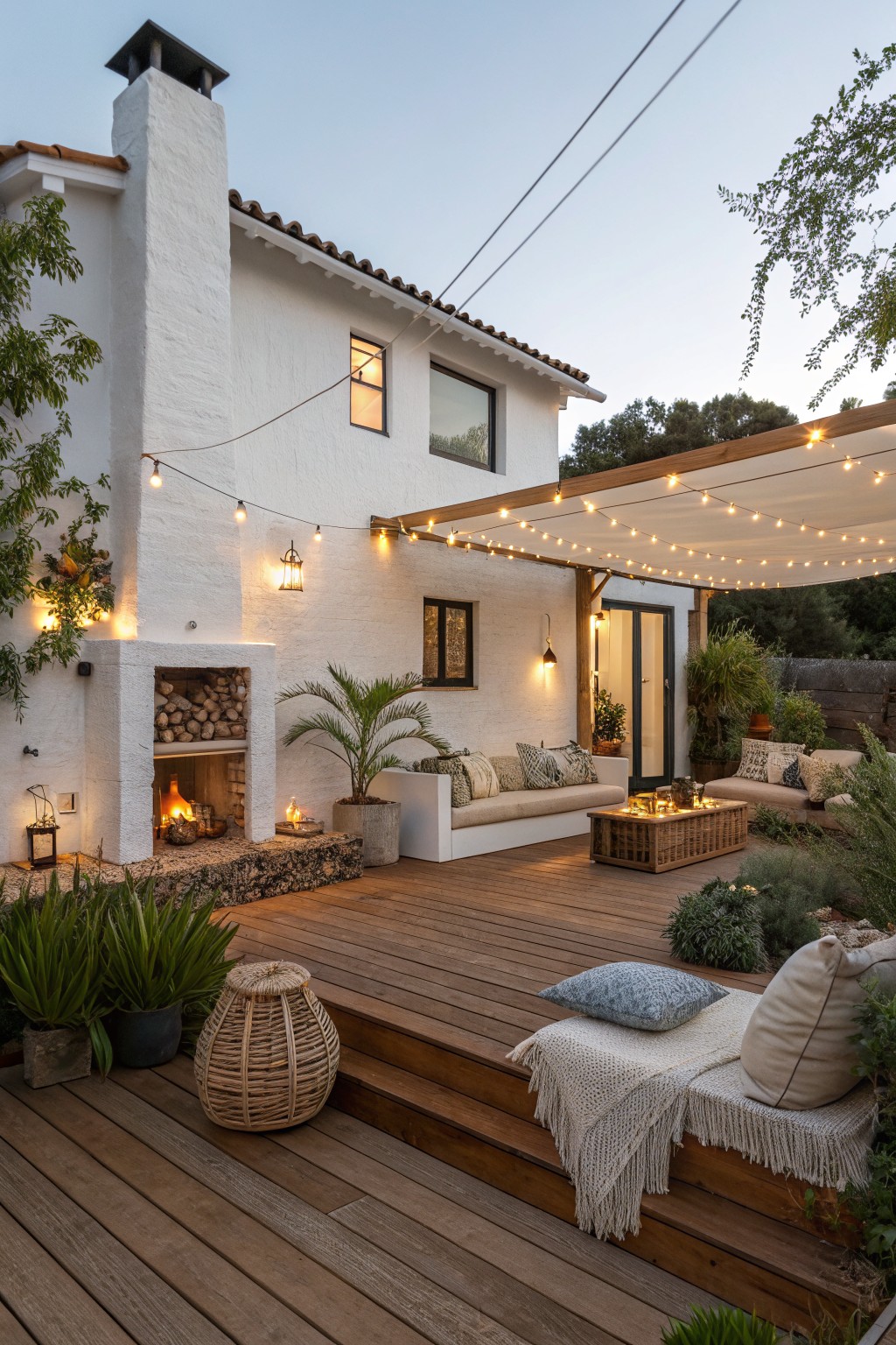 White stucco house with wooden deck patio, fire pit surrounded by cushions and plants, pergola overhead strung with white lights, at dusk.