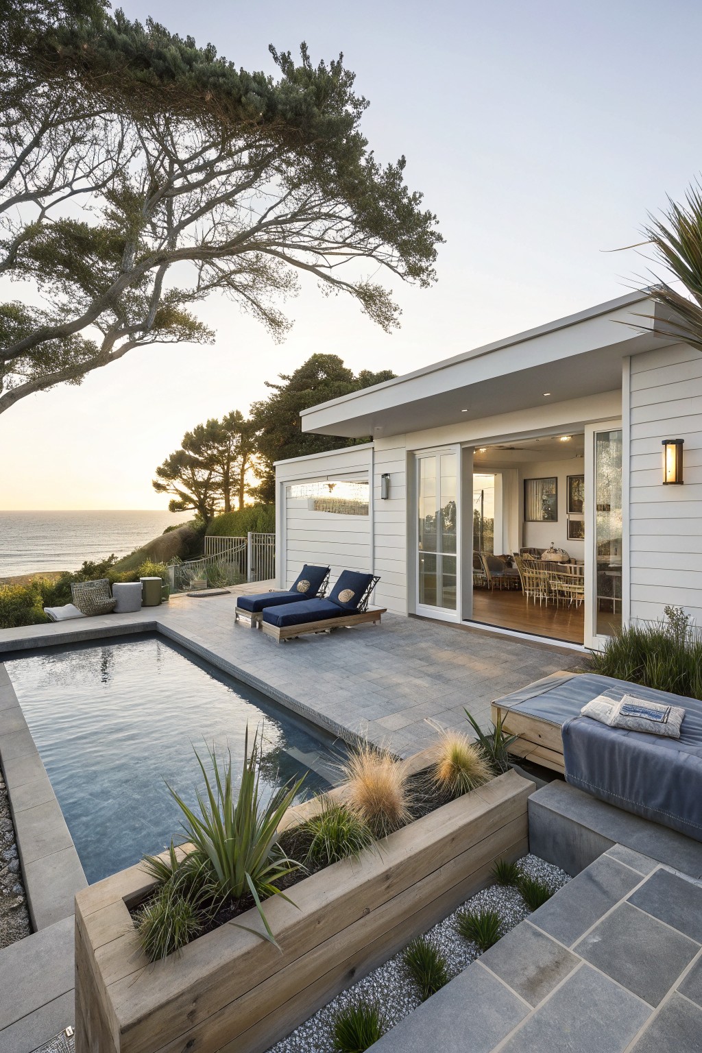Modern white house exterior with sliding glass doors opening to a gray stone deck with rectangular pool, wooden planters filled with grasses along the pool edge, blue lounge chairs, and ocean view at sunset.