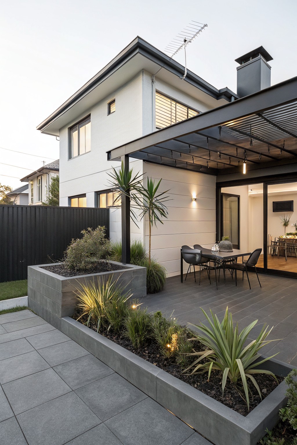 Modern white house with sliding glass doors opening to a covered patio on dark gray pavers, featuring an outdoor dining table with chairs, raised rectangular concrete planters filled with grasses and plants along the edge, a palm tree, and a backyard fence.