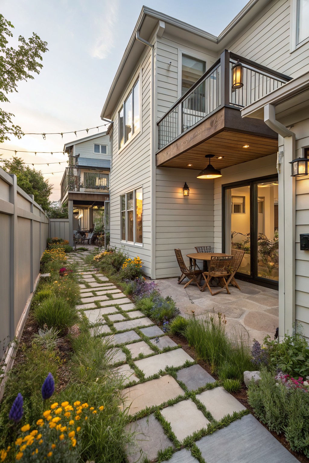 Modern two-story house exterior with white siding and wood balcony showing a narrow side yard stone paver pathway lined with grasses, flowers, and shrubs leading to a patio table with chairs and sliding glass doors.
