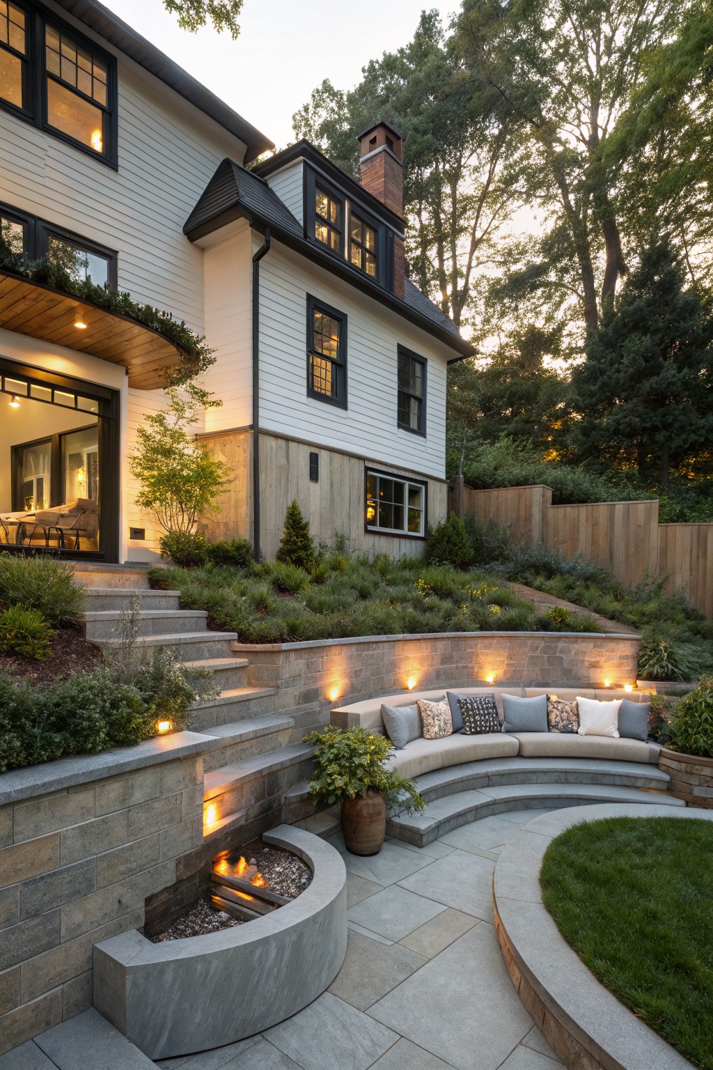 A sloped backyard patio with curved gray stone retaining walls forming built-in benches with cushions around a fire pit, steps leading to a white house with black windows, and landscaped plantings.