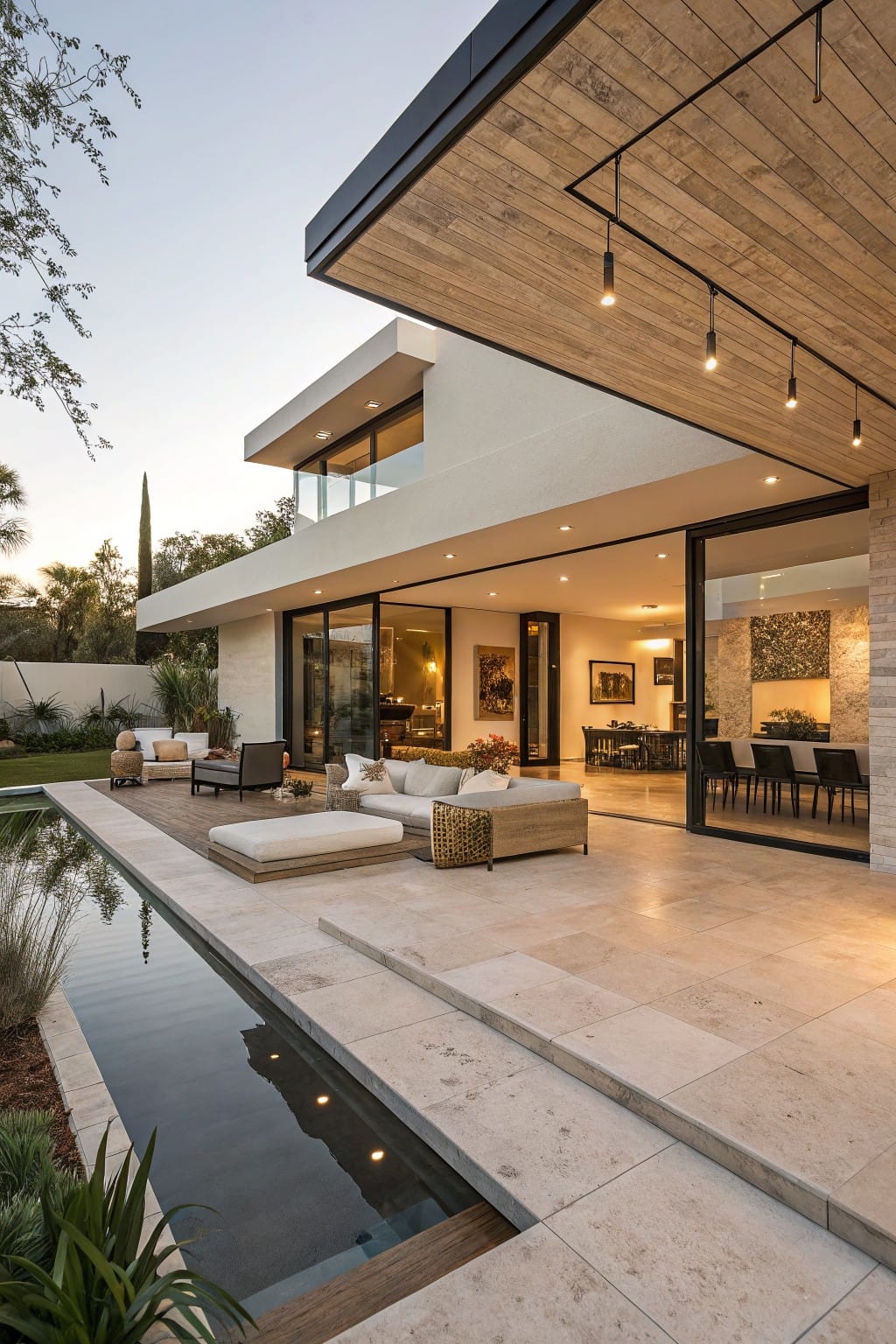 Side view of a modern white stucco house with a cantilevered wooden roof overhang over a stone patio, large glass sliding doors, low beige outdoor sofas, a linear reflecting pool, and desert plants at dusk.