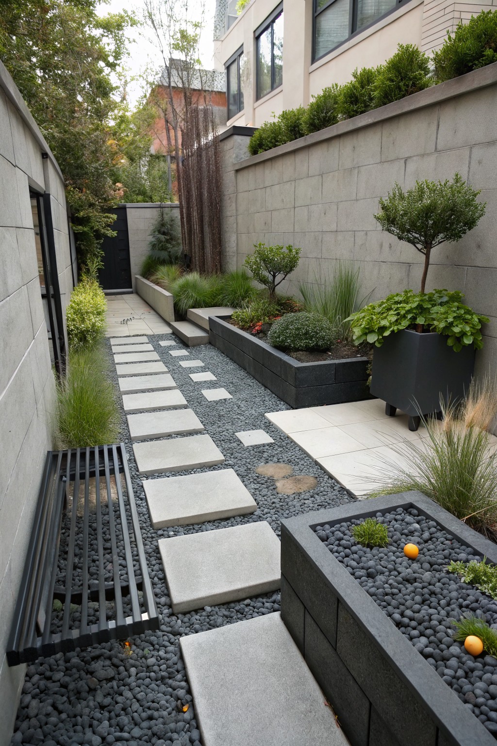 Narrow outdoor pathway between concrete walls featuring black gravel ground cover, large rectangular white concrete stepping stones, raised black planters with grasses and shrubs, and a black metal bench along one side.