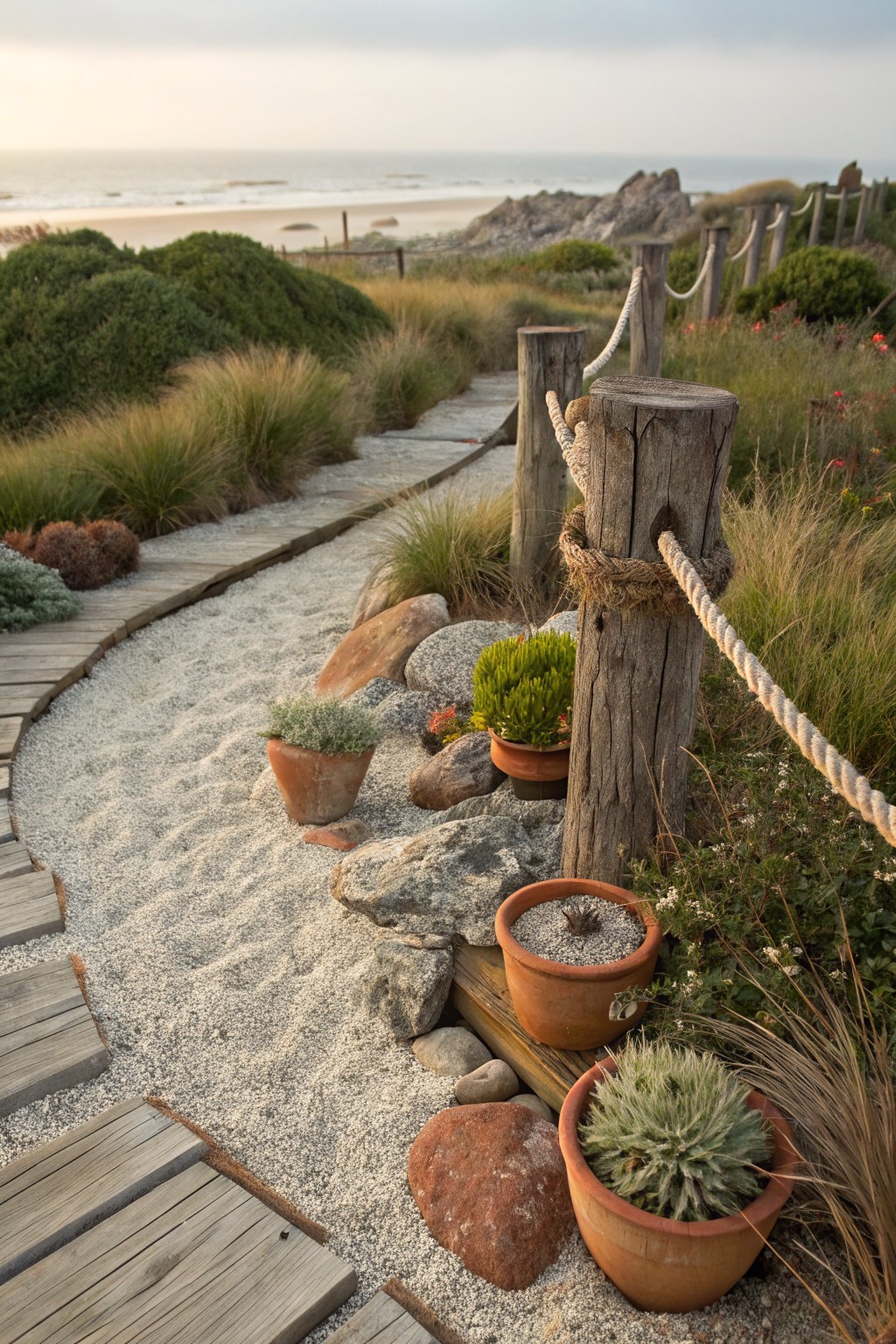 A curving wooden boardwalk path winds through white gravel and large rocks with potted succulents, grasses, bushes, and rope-tied wooden posts near a beach and ocean.
