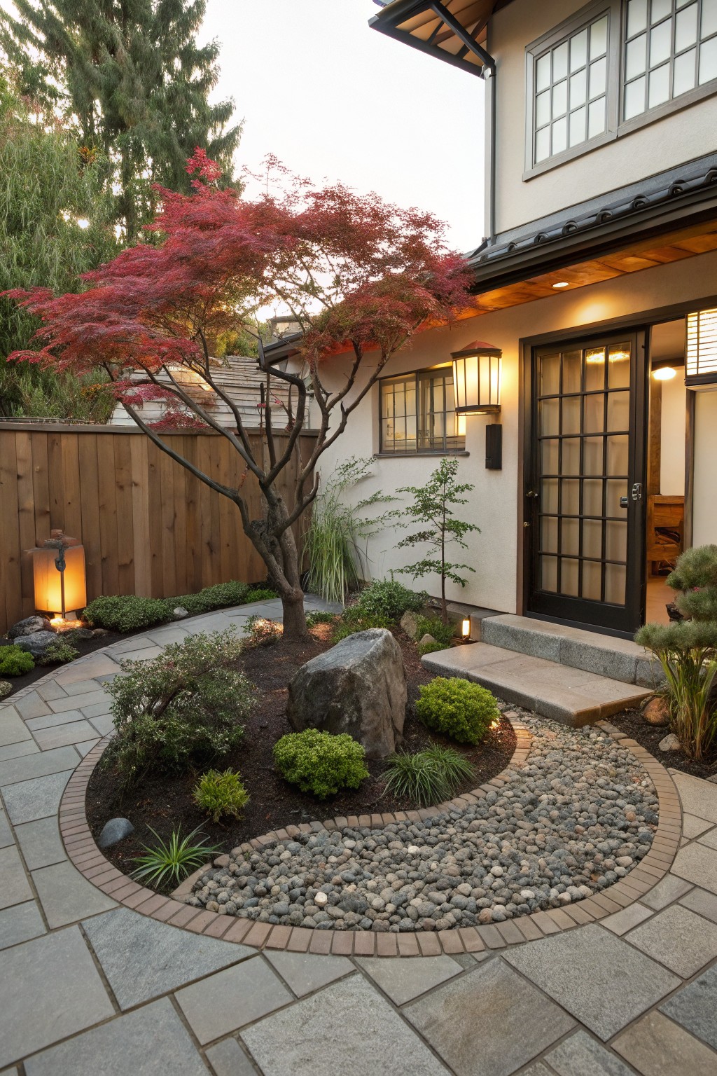 Japanese-inspired garden with a circular gravel bed containing a large boulder, shrubs, and rocks, edged in bricks, next to a house entry with sliding doors, lanterns, trees, and a stone path.