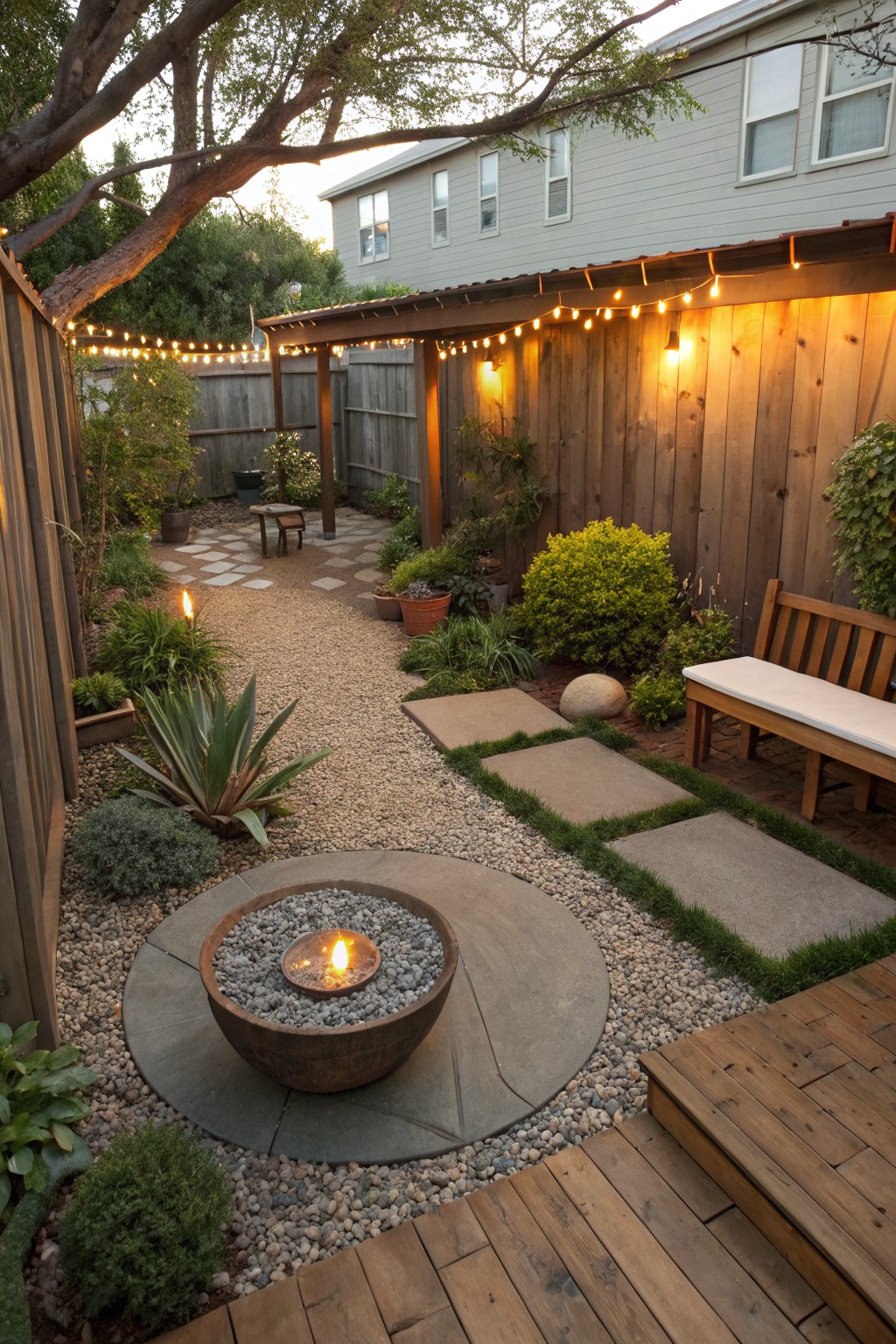 Narrow backyard gravel pathway with embedded stone slab steps winding past agave plants and shrubs to a circular pebble-filled fire pit, with a wooden bench, greenery, and string lights along wooden fences.