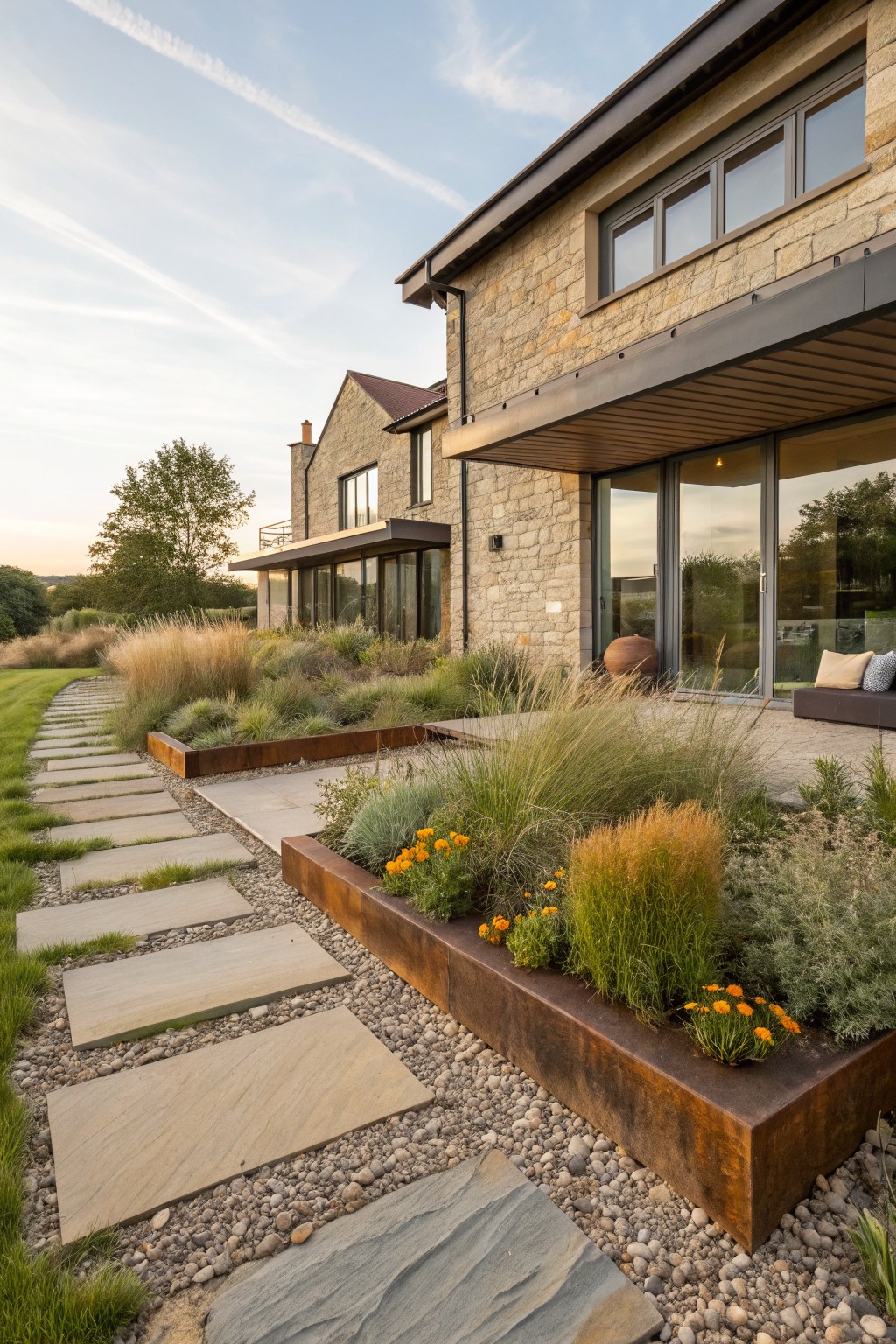 Stone house exterior with glass patio doors, a meandering path of large irregular stone slabs set in gravel, bordered by raised rusted metal planters filled with ornamental grasses, flowers, and low shrubs.