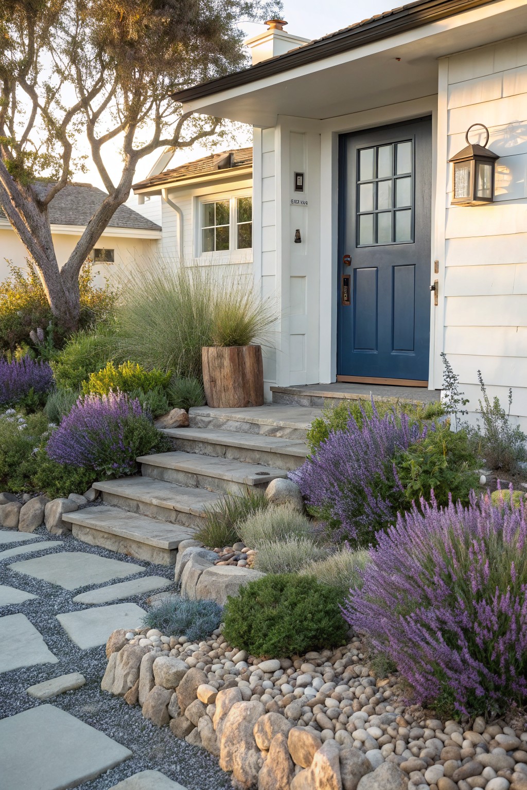 White house exterior with navy blue front door and concrete steps leading up from a stone paver path, bordered by garden beds filled with assorted rocks, boulders, gravel, and purple lavender shrubs.