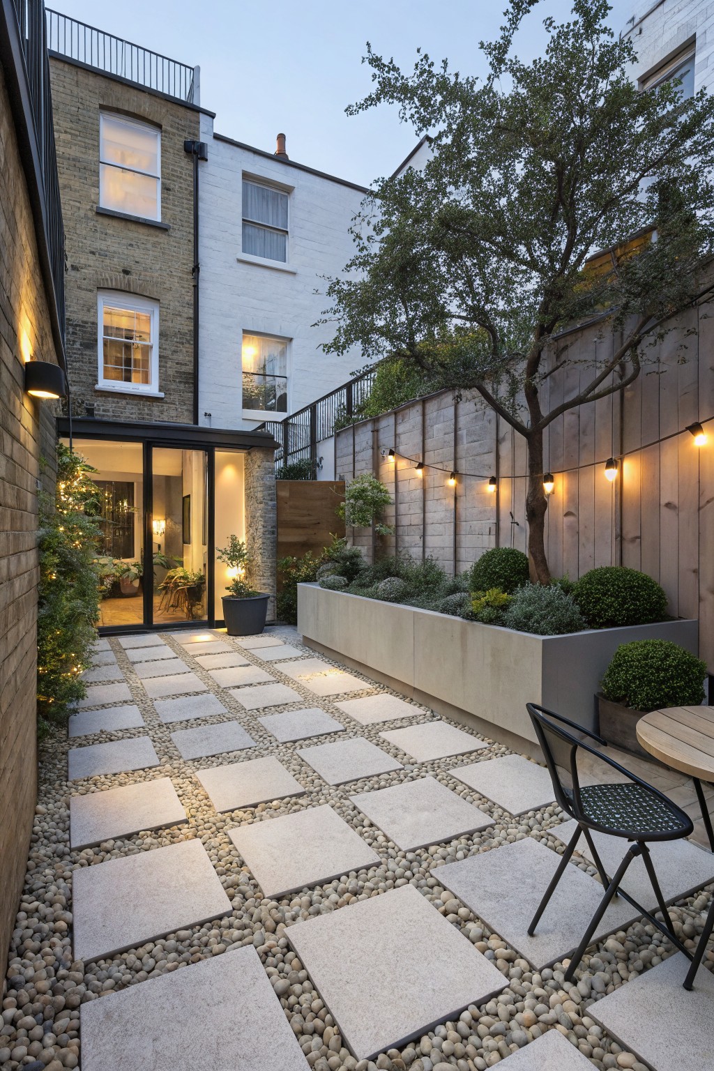 Narrow outdoor courtyard featuring large rectangular light stone pavers irregularly spaced in white pebble groundcover, with raised concrete planters filled with shrubs along one side, a tree, string lights on a wooden fence, and glass doors leading into a house extension.