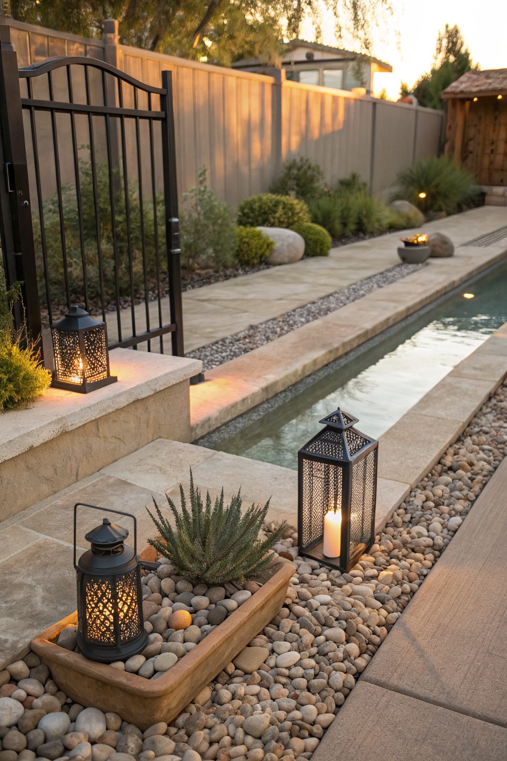 Narrow backyard pool channel bordered by pebbles and larger rocks, with metal lanterns, agave plants in a wooden box, and a black metal gate in the background at dusk.