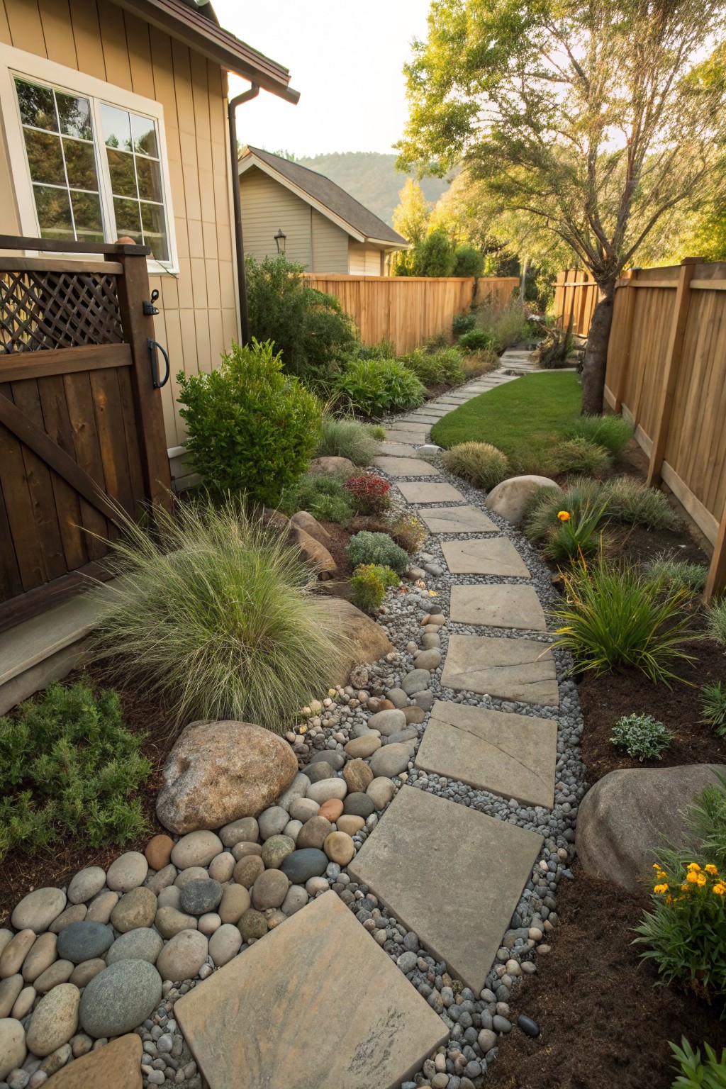 A meandering garden path of large rectangular concrete stepping stones set into pea gravel and bordered by river rocks and pebbles, flanked by ornamental grasses, succulents, shrubs, and boulders next to a wooden fence and beige house siding.