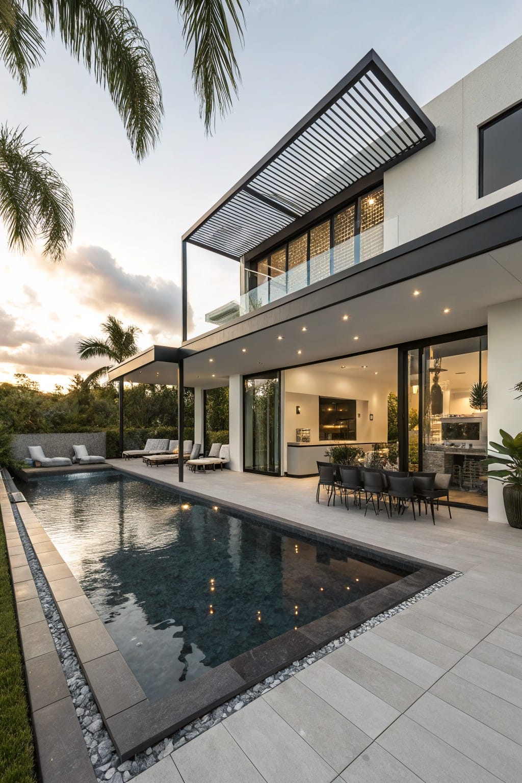 White modern house with large glass doors opening onto a patio with black infinity-edge pool, dining table, loungers, tropical plants, and palm trees at dusk.