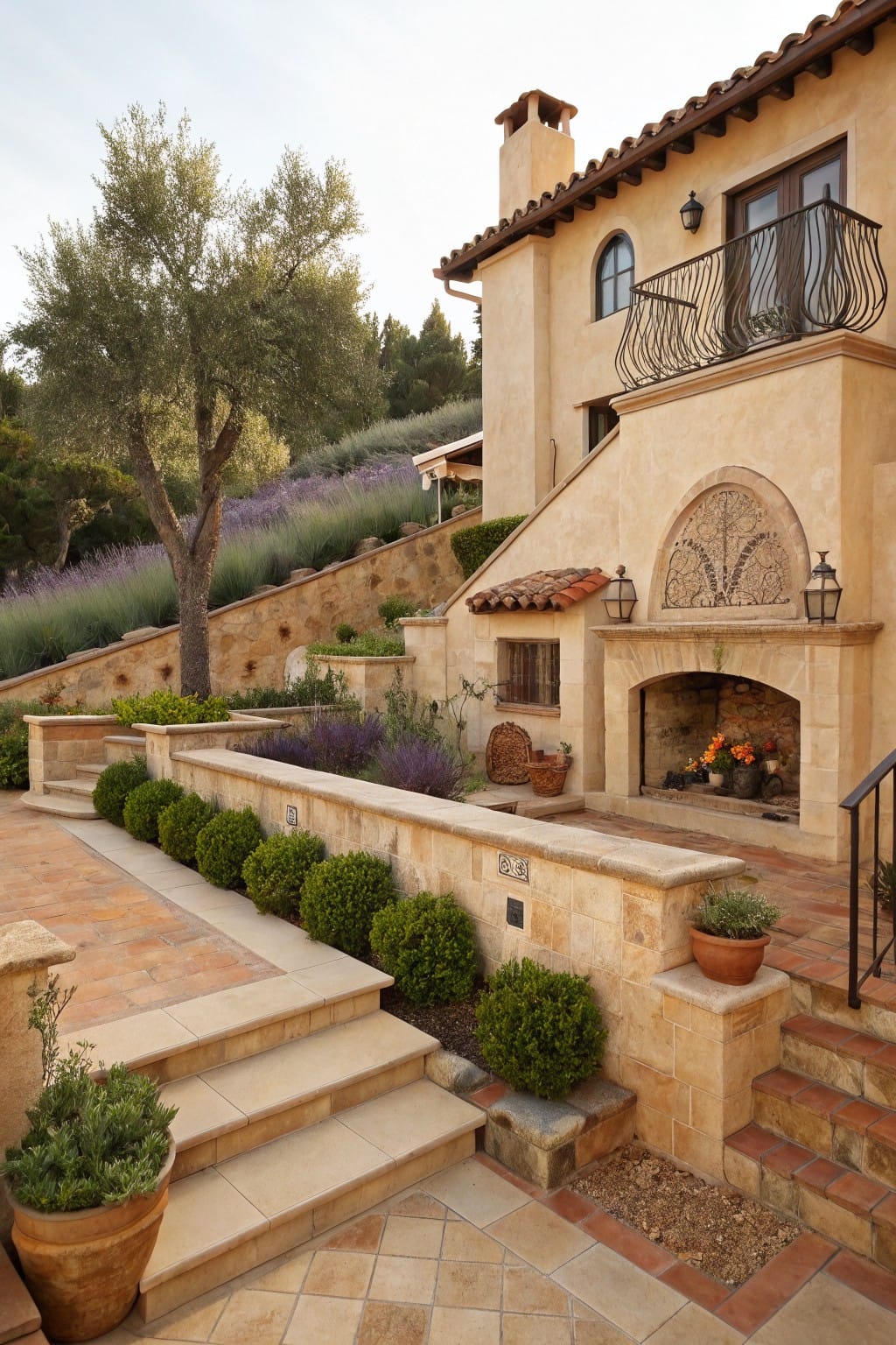 Beige stucco wall with built-in arched outdoor fireplace on terracotta tile patio, flanked by stone steps, low stucco walls topped with boxwood shrubs, potted plants, lavender slopes, and an olive tree on a hillside.