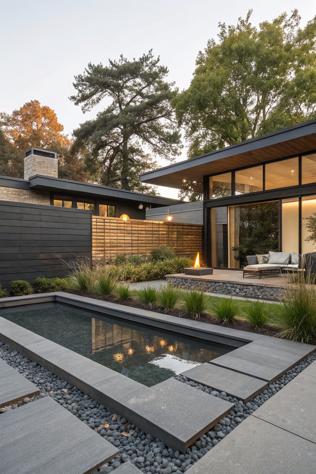 Modern backyard patio with a rectangular reflecting pool edged in dark stone slabs and pebbles, surrounded by ornamental grasses, a nearby fire pit, outdoor seating, wooden privacy screens, and a dark house with large glass windows.