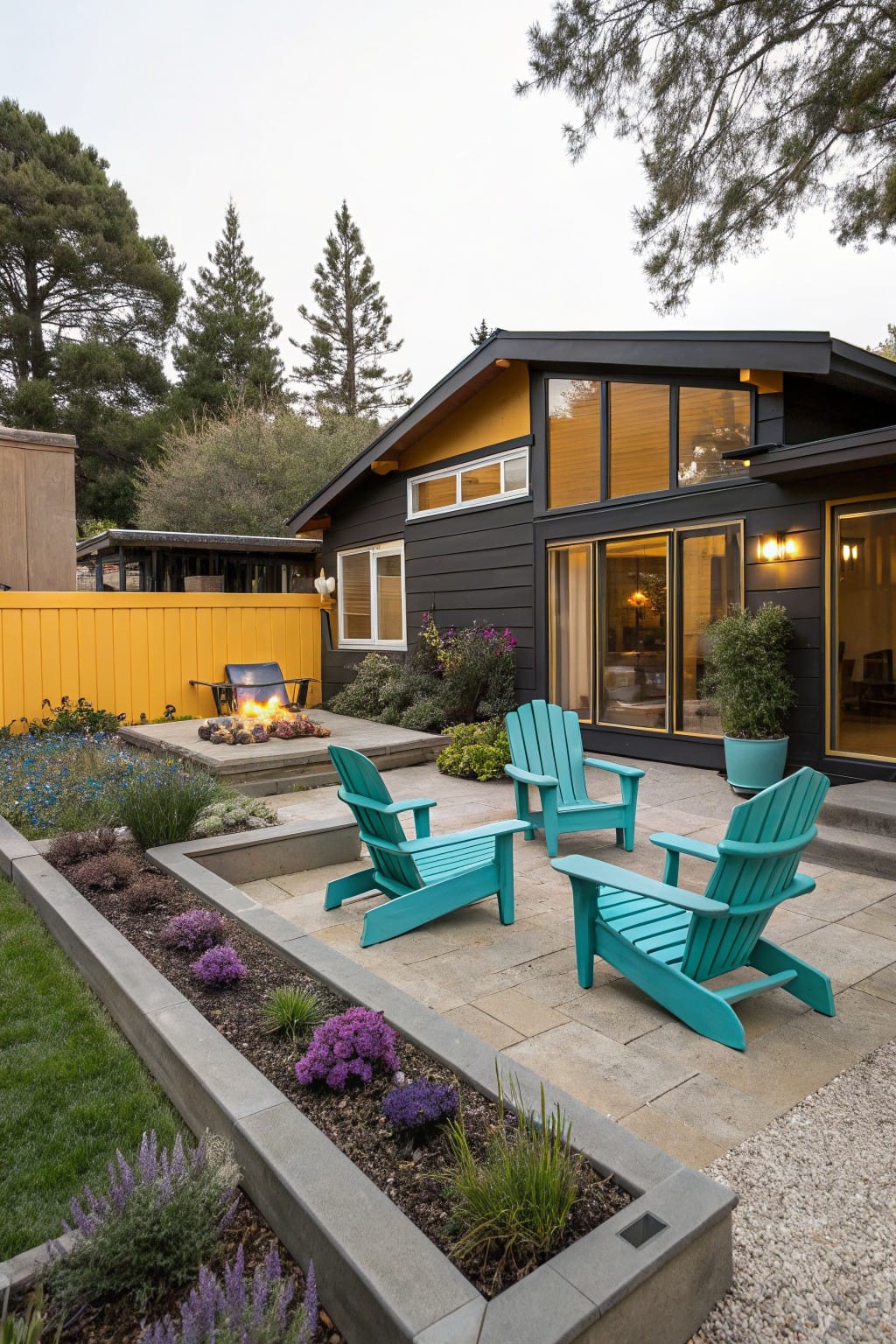 Backyard gravel patio with turquoise Adirondack chairs around a fire pit, edged by raised concrete planters filled with purple flowers and grasses, next to a black mid-century modern house with large glass doors and a yellow fence.