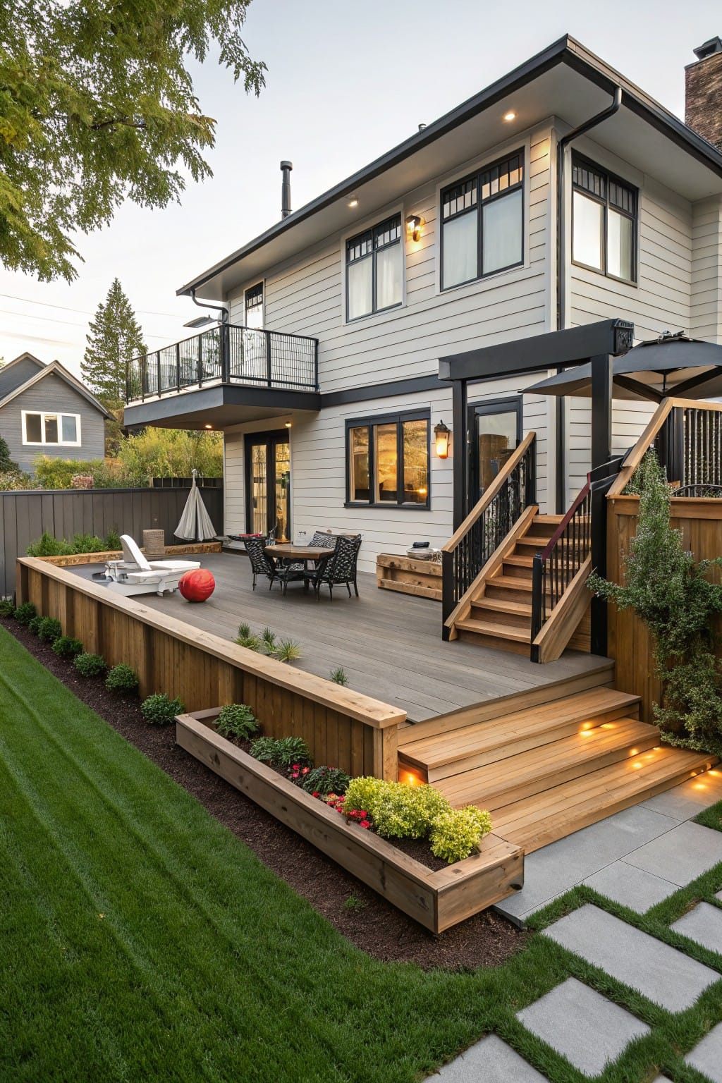 Gray two-story house with black window frames and a balcony, connected to a large elevated wooden deck featuring stairs with integrated lighting, raised wooden planter beds along the edges filled with plants and flowers, patio furniture, and a surrounding lawn with stone pavers.