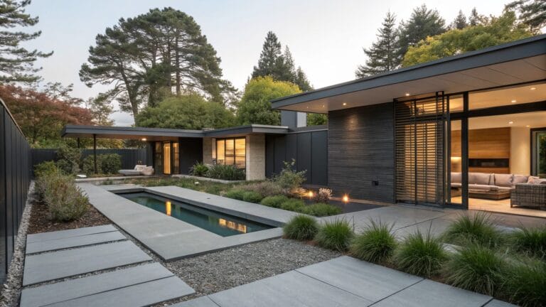 19 Beautiful Backyard Landscaping Makeover Ideas Worth Copying Modern backyard patio with a rectangular reflecting pool edged in dark stone slabs and pebbles, surrounded by ornamental grasses, a nearby fire pit, outdoor seating, wooden privacy screens, and a dark house with large glass windows.