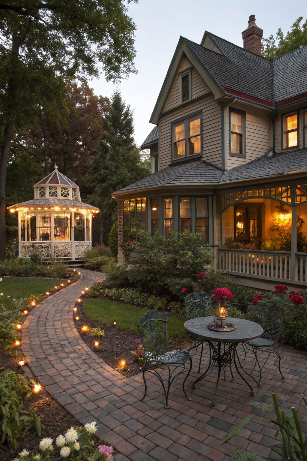 Curved brick pathway lined with lanterns leading through a garden to a white gazebo and patio table beside a Victorian-style house at dusk.