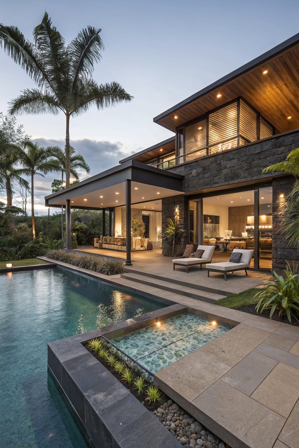 Modern tropical house exterior with basalt stone walls, wood accents, large glass doors, infinity-edge pool featuring stone decking, integrated planter edge with plants and glowing tiles, palm trees, and outdoor seating.