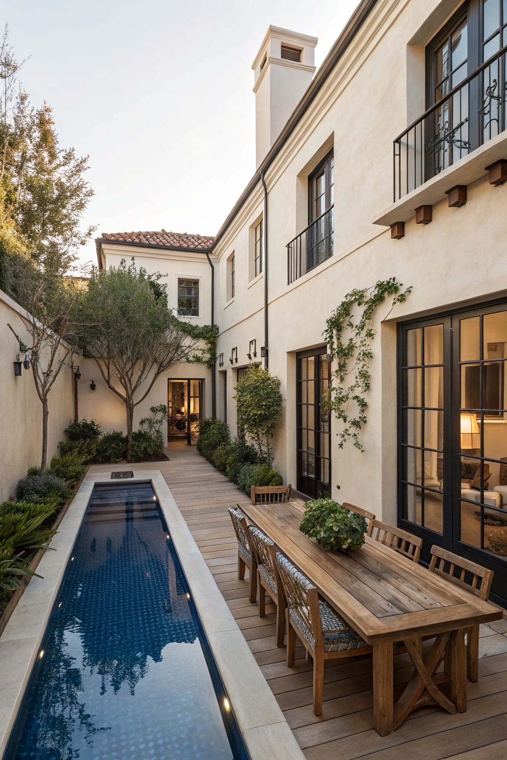 Narrow blue-tiled lap pool alongside a beige stucco house with wooden walkway, dining table with chairs, potted plants, and landscaping in a courtyard setting.
