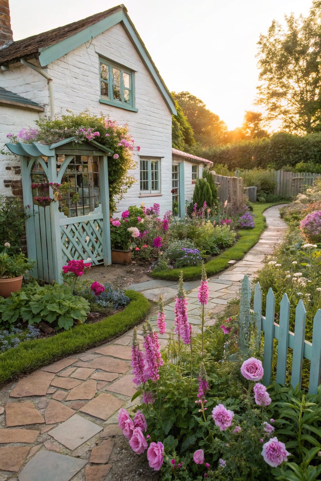 White cottage with green trim and arched wooden gate covered in pink roses, next to a winding irregular stone pathway bordered by pink flowers, foxgloves, and greenery, with a green picket fence.