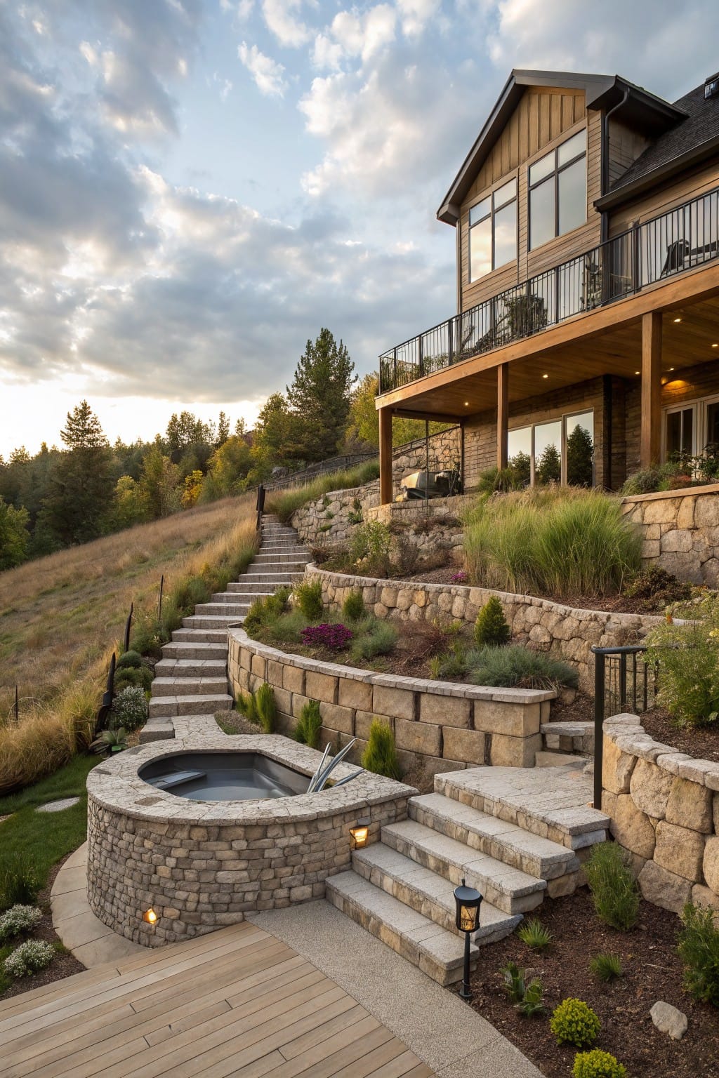 Stone steps terraced up a grassy hillside with retaining walls, leading from a lower round hot tub enclosure to an upper wooden deck beside a wood and glass house.