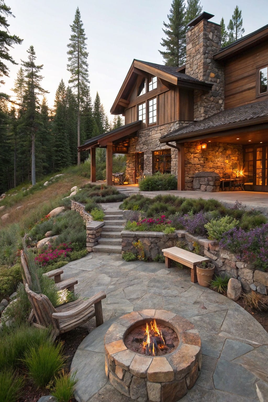 Rustic log and stone house on a forested hillside above a terraced backyard with curved stone steps, low plantings, paver patio, stone fire pit, benches, and chairs.