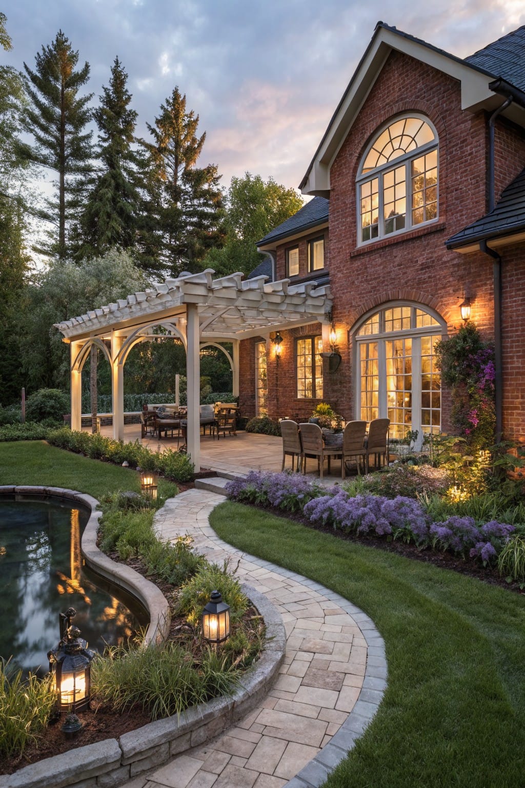 Brick house exterior with pergola-covered patio, curved stone path edged by plants and lanterns leading to a kidney-shaped pool, lush landscaping, and path lights at dusk.