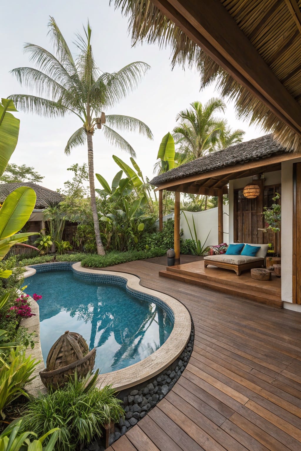 Curved blue swimming pool edged by wooden decking, with a thatched-roof pavilion holding a cushioned daybed, tropical plants, and lanterns in a lush backyard.