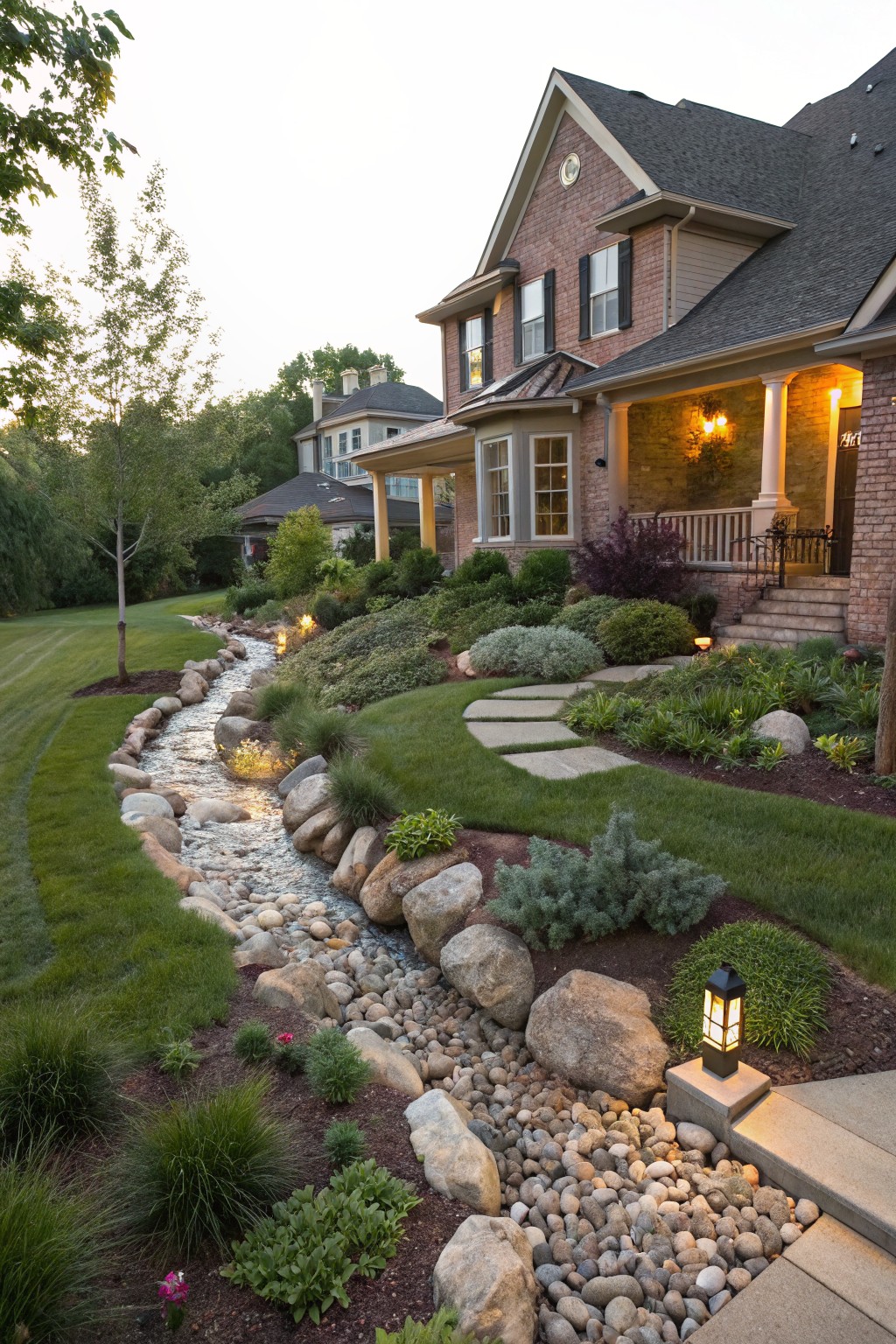 Front yard of a brick house with porch, featuring a winding dry river bed of river rocks and pebbles, surrounded by grasses, shrubs, boulders, stepping stone path, and landscape lights.