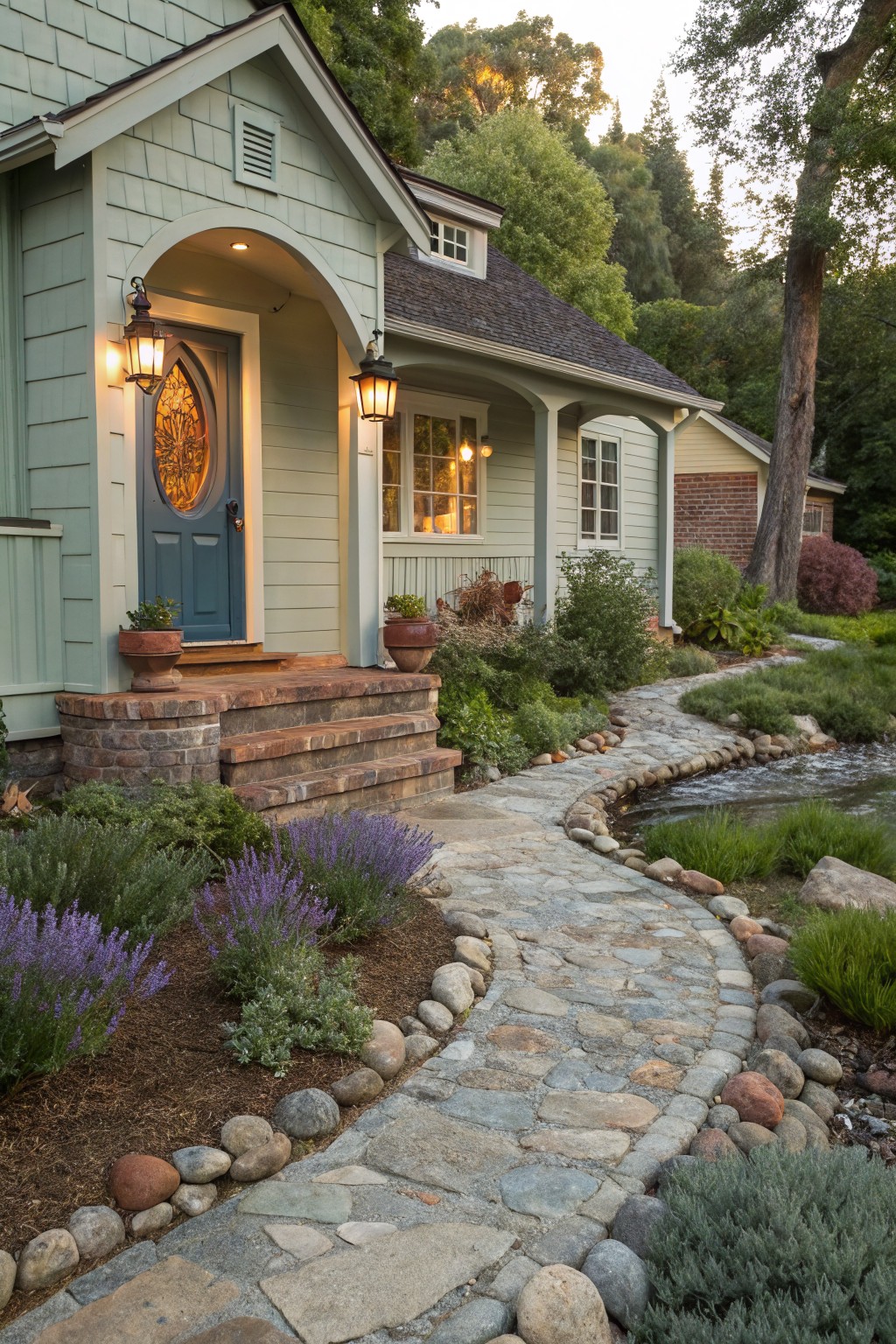 Sage green house with blue front door, brick entry steps, and winding flagstone path edged with river rocks amid lavender plants and a small stream in a garden setting.