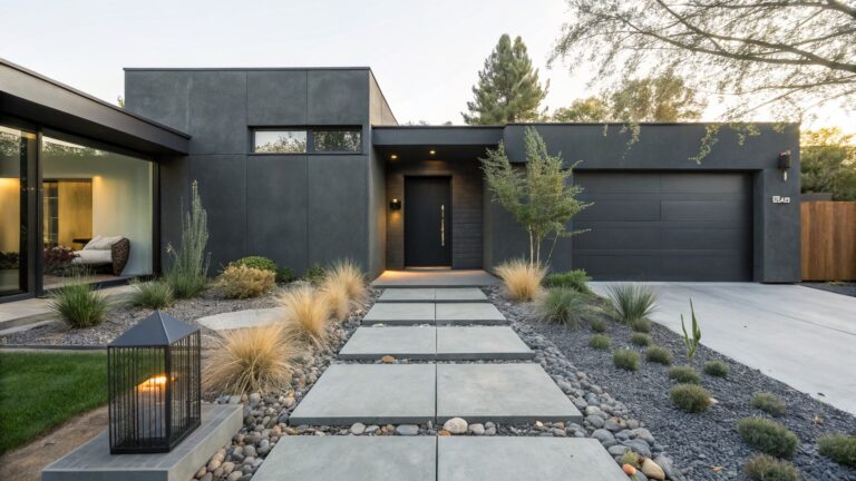 Modern dark gray house exterior with a pathway of large rectangular concrete pavers set into river rock groundcover, edged by grasses and boulders, leading to a glass front door.